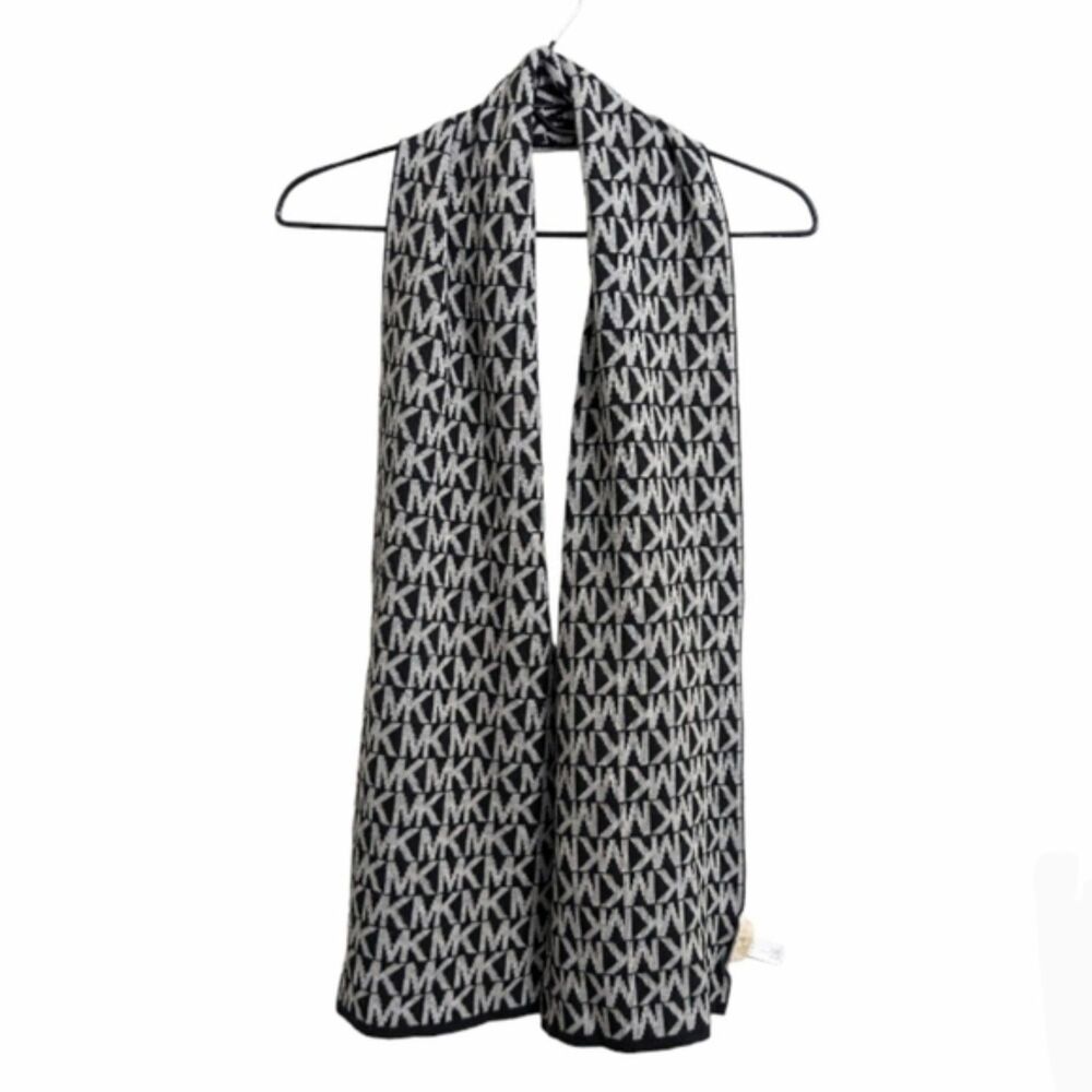 MICHAEL Michael Kors Black White MK Logo Knit Scarf Fall Winter Classic OS
